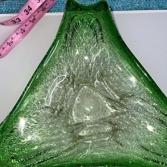 Murano Art Glass Bowl Green Gold Flecks Controlled Bubbles Bullicante MCM - Picture 10 of 15
